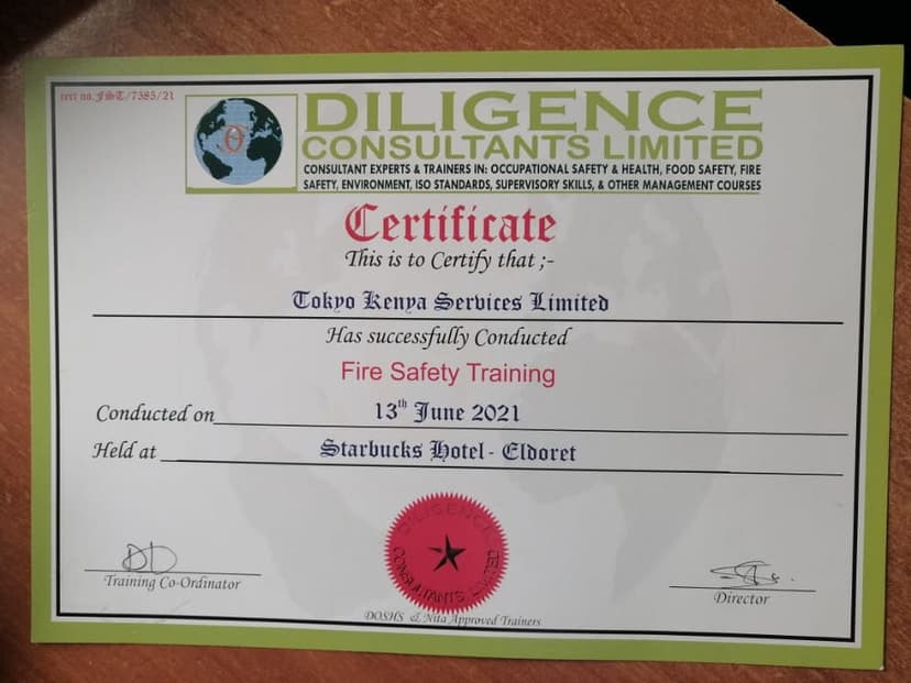 Fire Safety Training Certificate - Tokyo Group Kenya