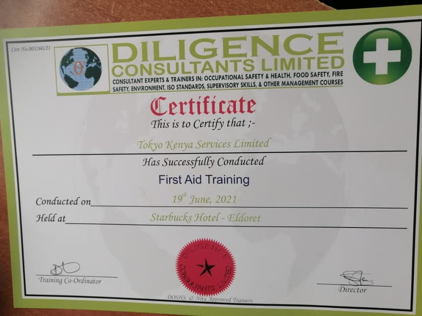First Aid Training Certificate - Tokyo Group Kenya