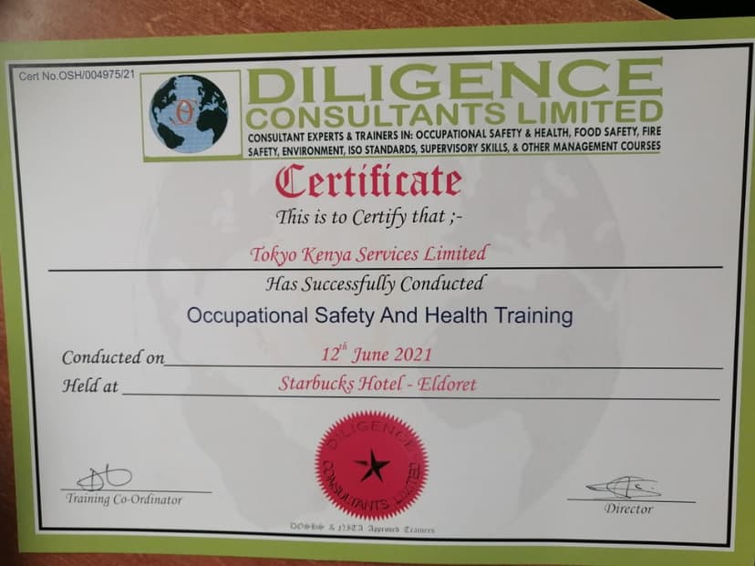 Occupational Safety and Health Training Certificate - Tokyo Group Kenya