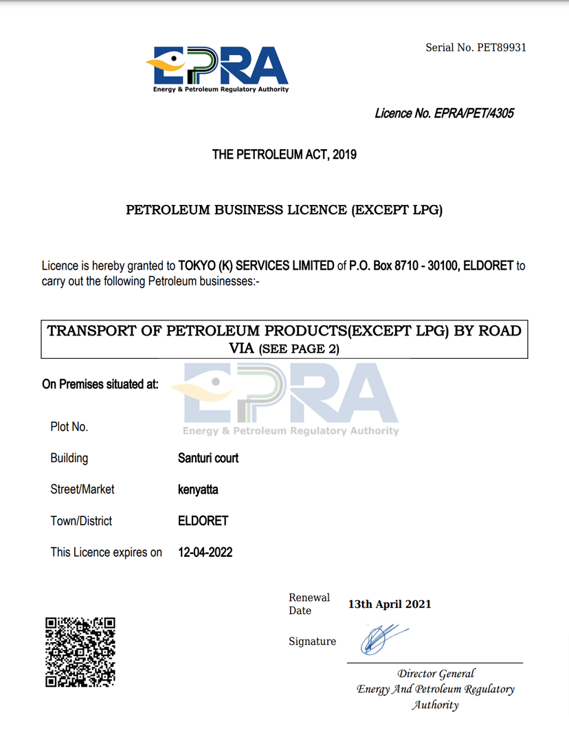 EPRA Petroleum Business License - Tokyo Group Kenya
