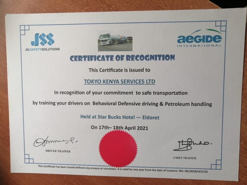 Certificate of Recognition Safety and Transportation - Tokyo Group Kenya
